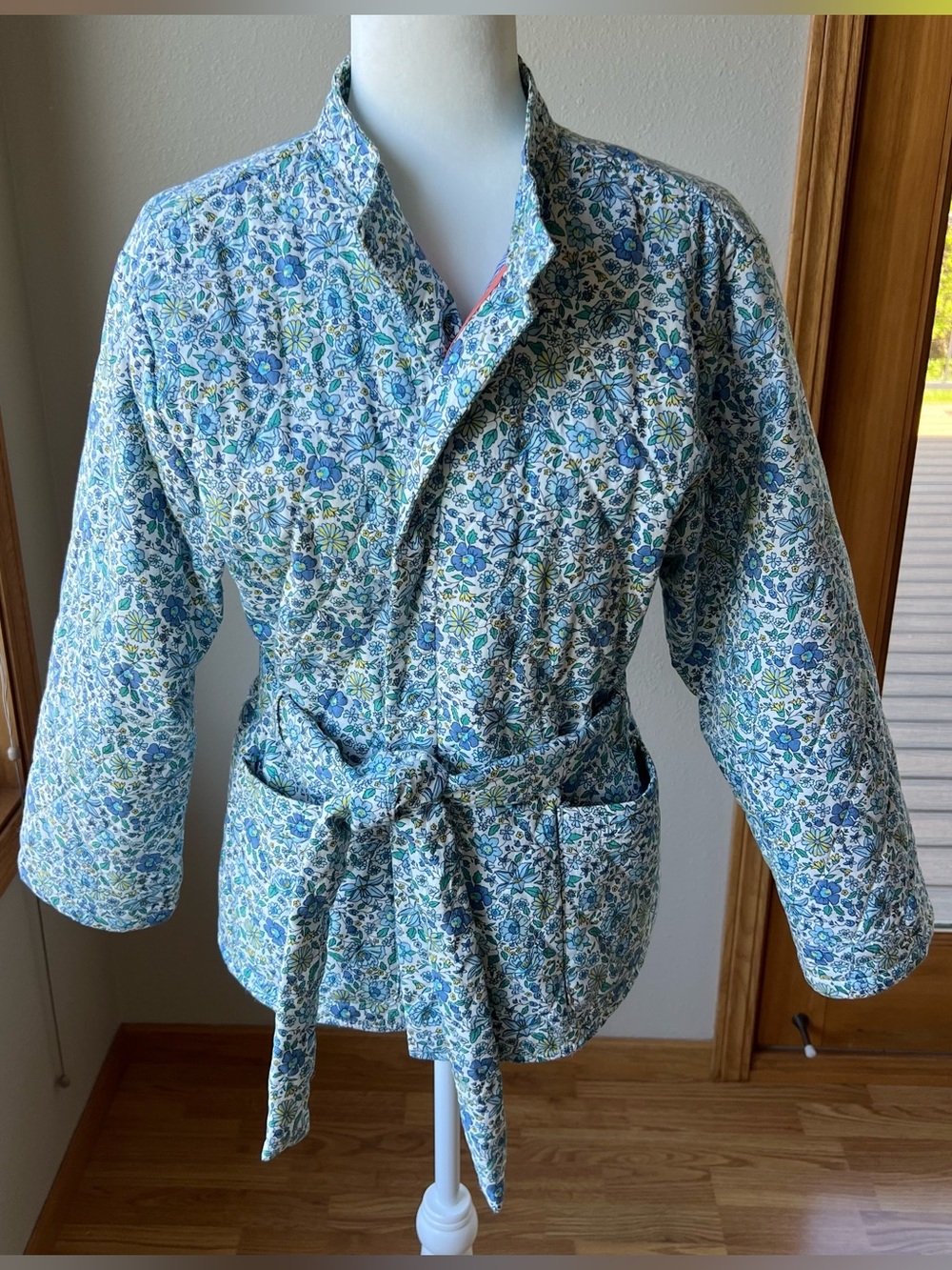 Floral Quilted Jacket Women’s L Belted Cottagecore Blue Pockets Granny Cotton